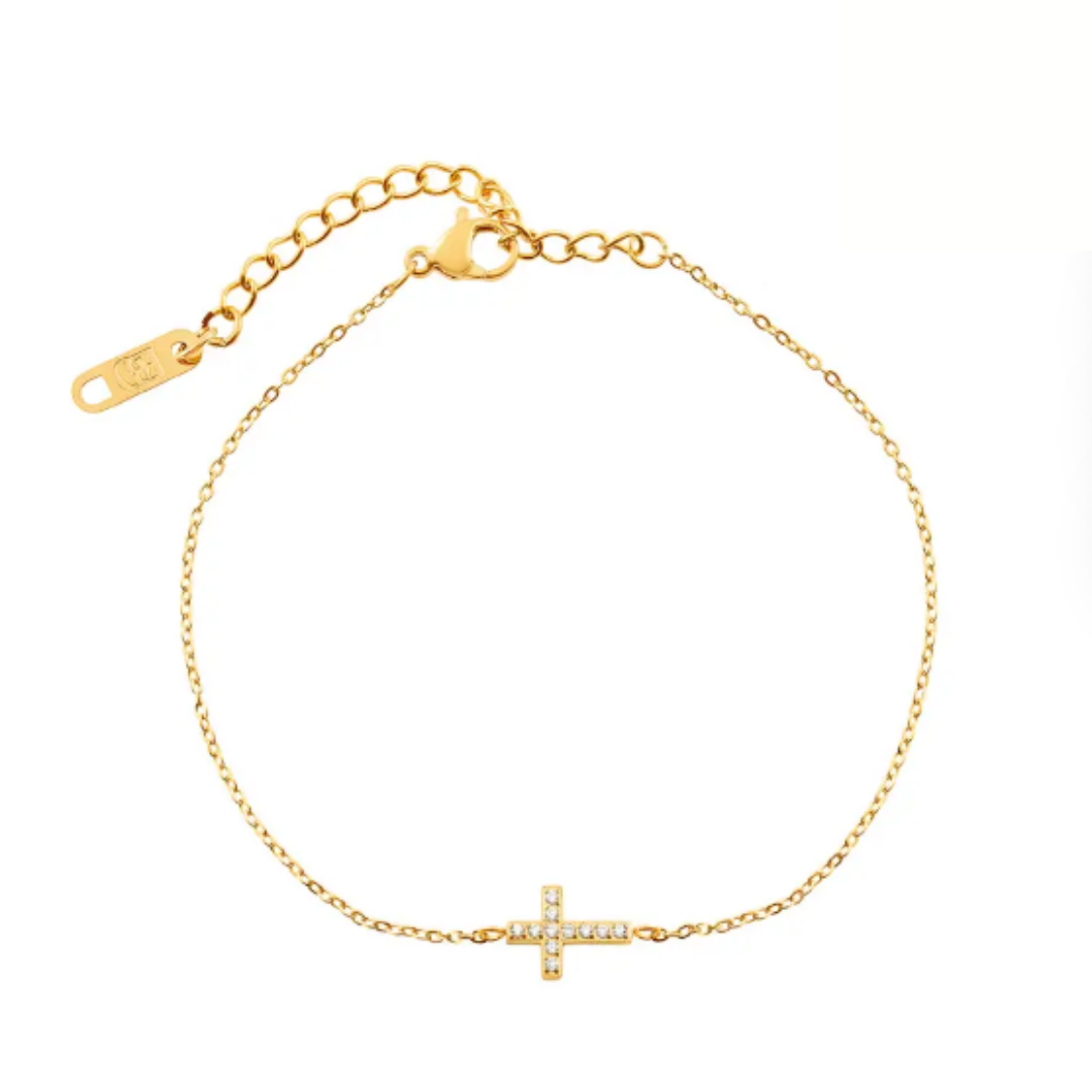 Cross Bracelet with Shiny Stones Plated in 18k Gold