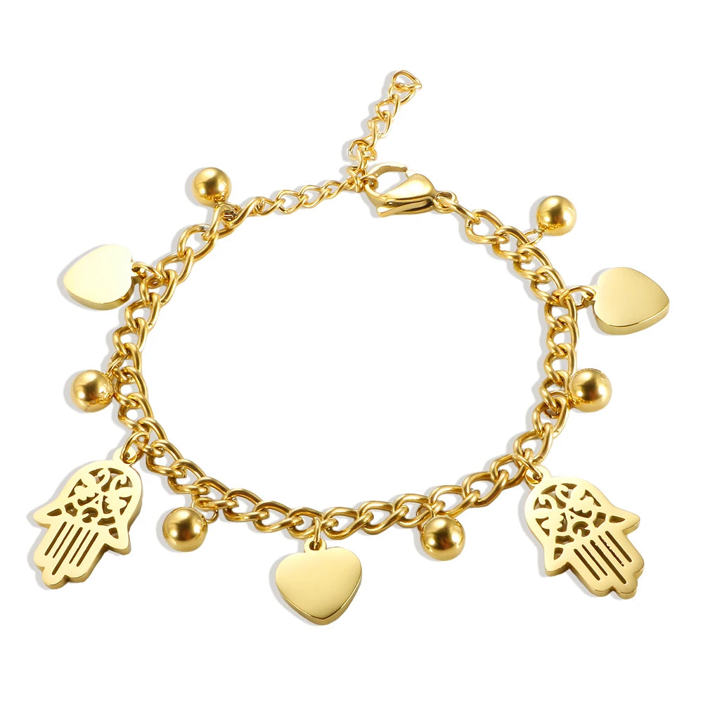 18K Gold Plated Heart and Hamsa Pendant Link Bracelet