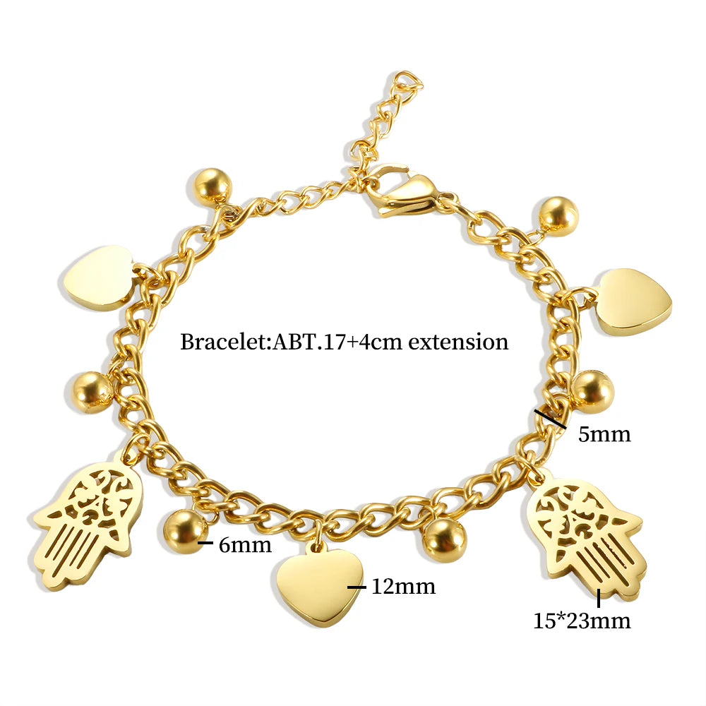 18K Gold Plated Heart and Hamsa Pendant Link Bracelet
