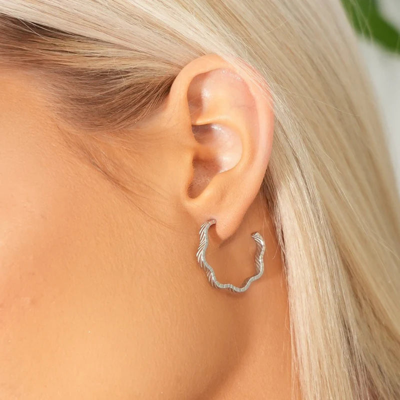 Wavy Texture Hoop Earrings - Silver