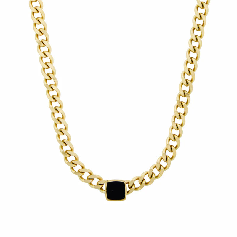 Square Onyx Stone Chain Necklace 18K Gold Plated