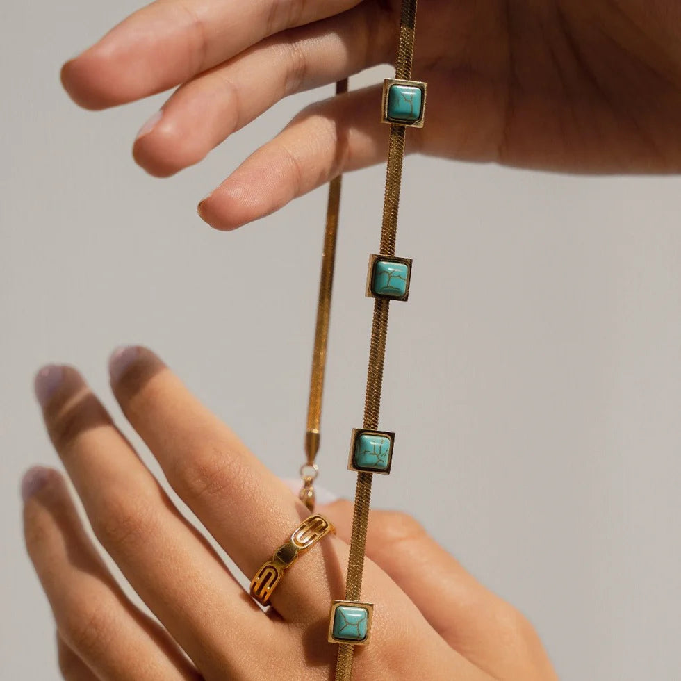 Aqua Stone Mesh Necklace 18K Gold Plated