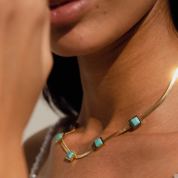 Aqua Stone Mesh Necklace 18K Gold Plated