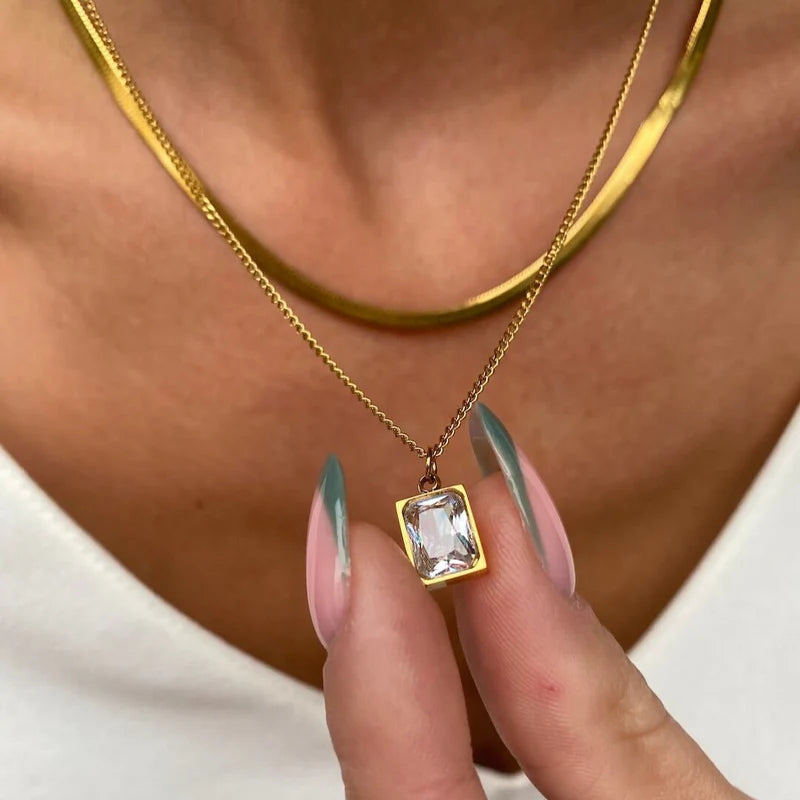 Necklace with crystal pendant square zirconia
