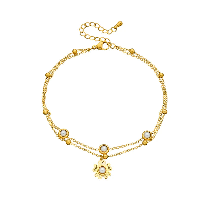 18K Gold Plated Double Pearl Floral Anklet