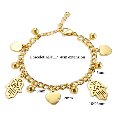 18K Gold Plated Heart and Hamsa Pendant Link Bracelet