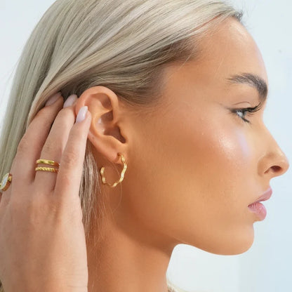 Wavy Texture Hoop Earrings 18k Gold Plated
