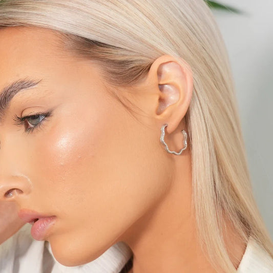 Wavy Texture Hoop Earrings - Silver