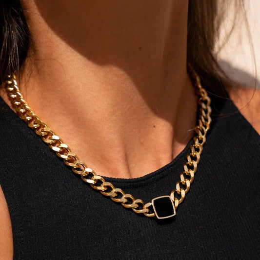 Square Onyx Stone Chain Necklace 18K Gold Plated