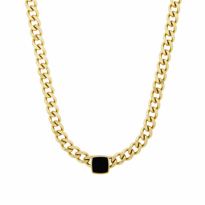 Square Onyx Stone Chain Necklace 18K Gold Plated