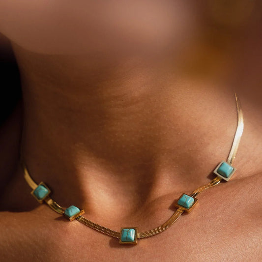 Aqua Stone Mesh Necklace 18K Gold Plated