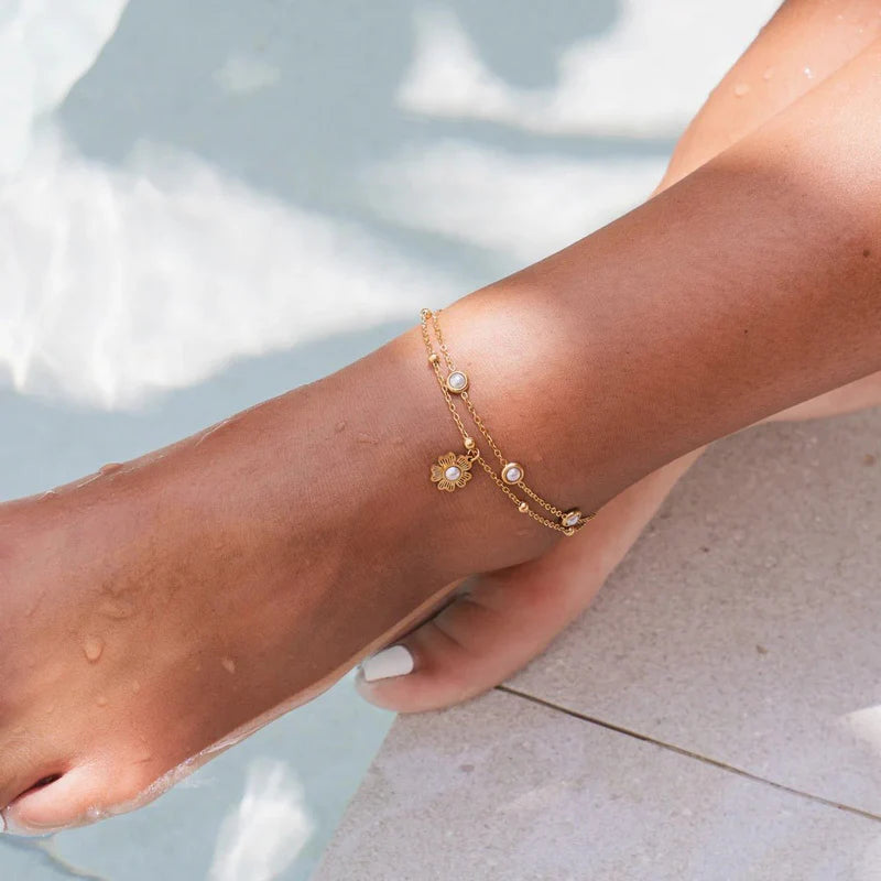 18K Gold Plated Double Pearl Floral Anklet